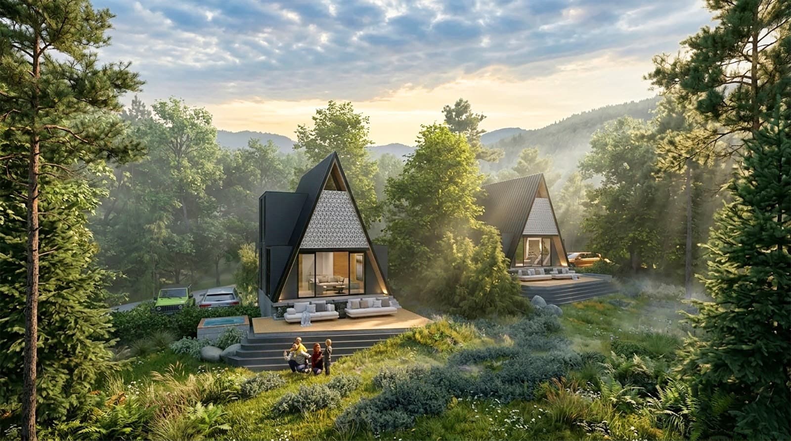 Visualización arquitectónica de villas integradas a un entorno de montaña