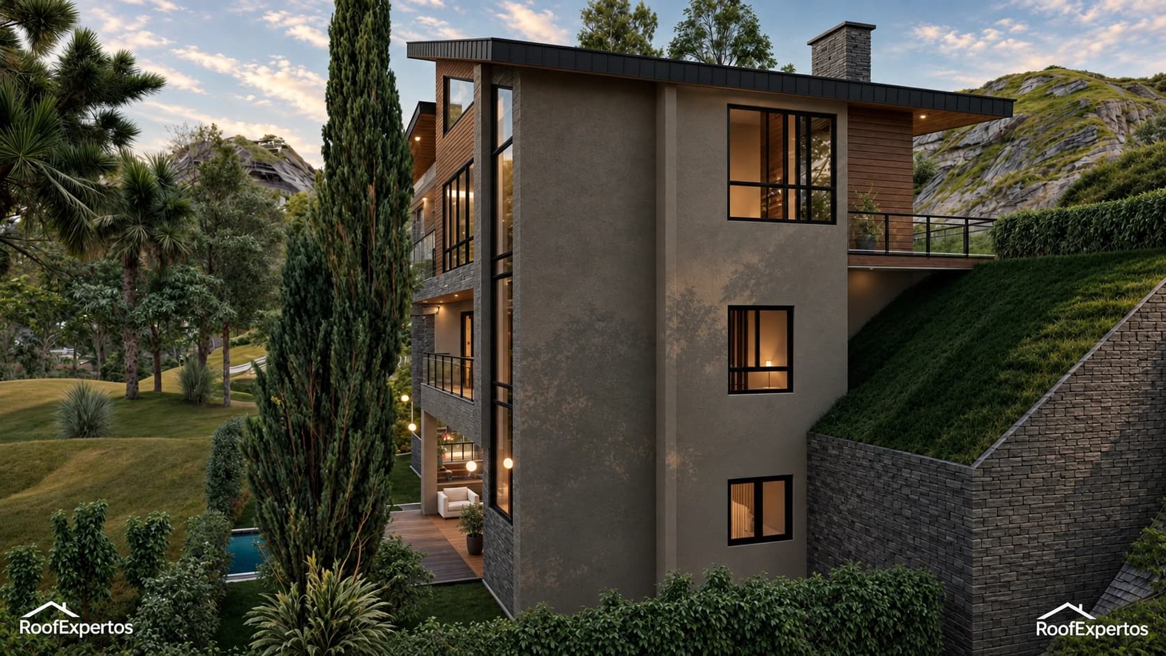 The Creek Villages — Modelo Villa Kinan — Fachada lateral en la ladera