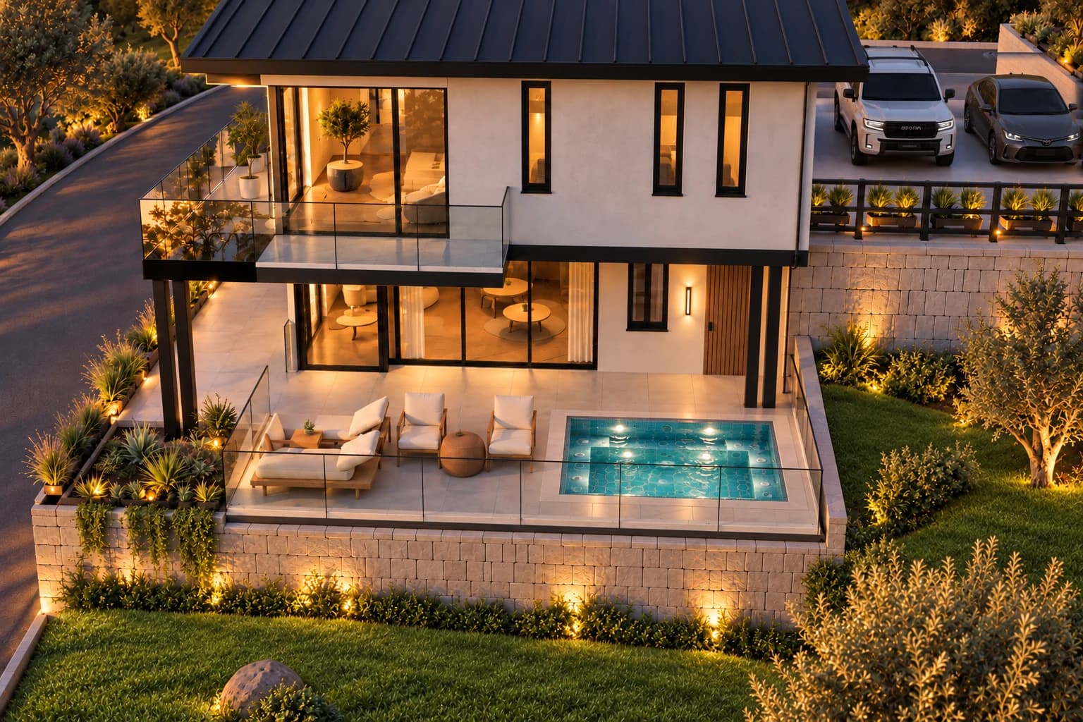 VILLA THEA MODELO 3H-2026 — Fachada sur y terraza con jacuzzi