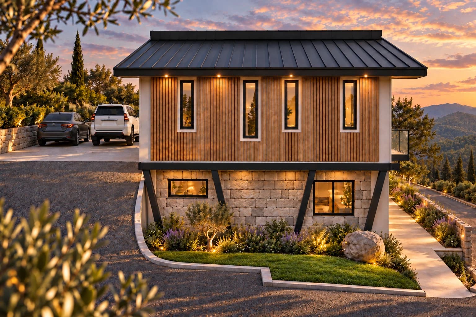VILLA THEA MODELO 3H-2026 — Fachada norte y parqueo para dos vehículos
