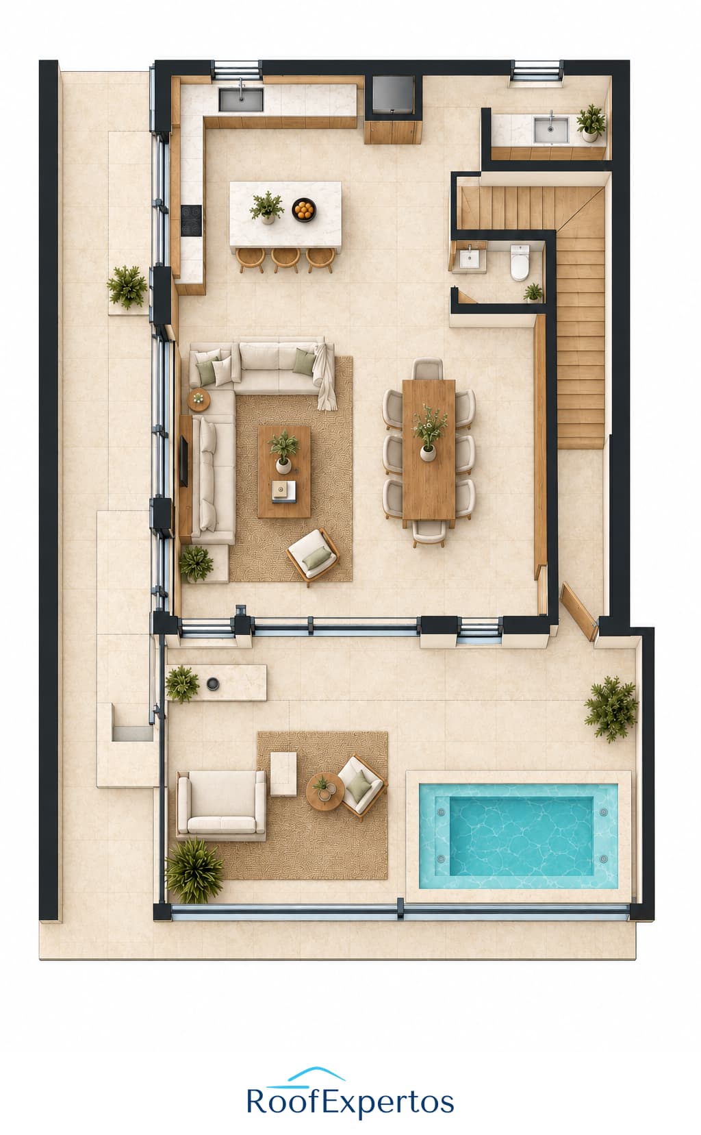 VILLA THEA MODELO 3H-2026 — Planta del primer nivel — vista ilustrativa para clientes