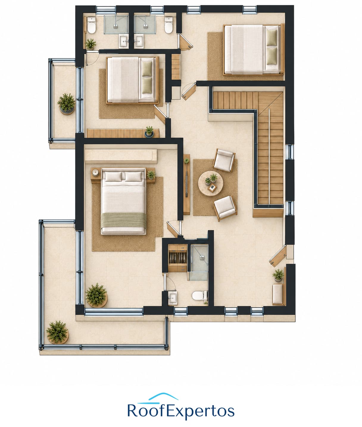 VILLA THEA MODELO 3H-2026 — Planta del segundo nivel — vista ilustrativa para clientes